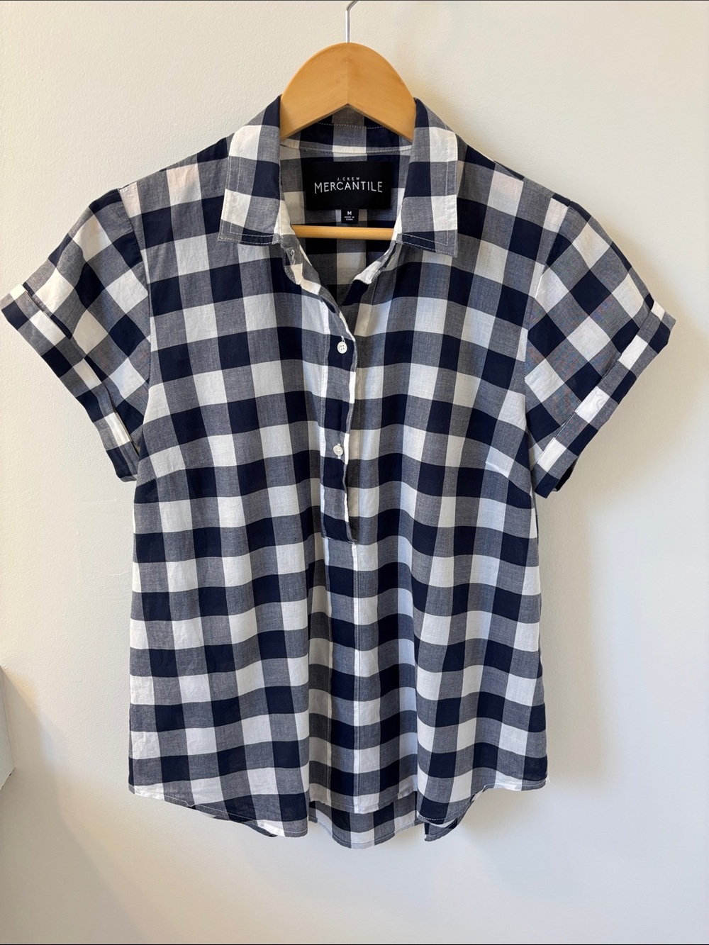 J.CREW Mercantile Navy and White Gingham Popover, Sz M.